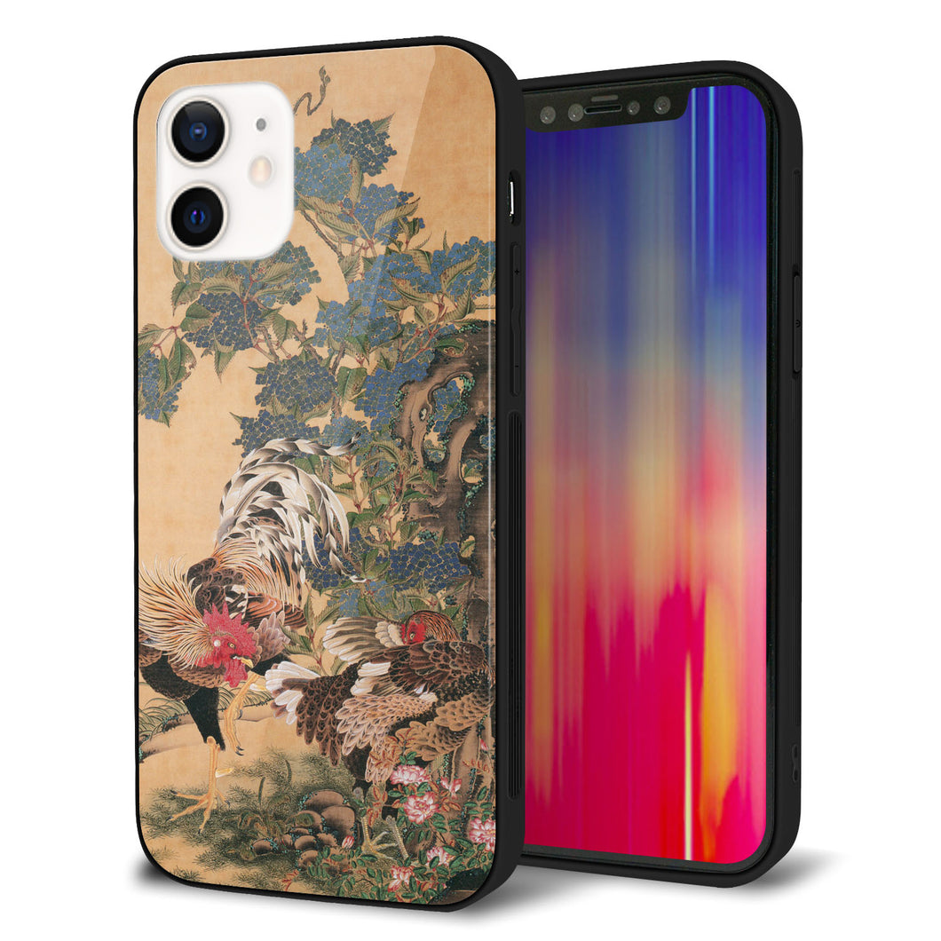 iPhone 12 強化ガラス＆TPUスマホケース ガラプリ【TA006 紫陽花双鶏】
