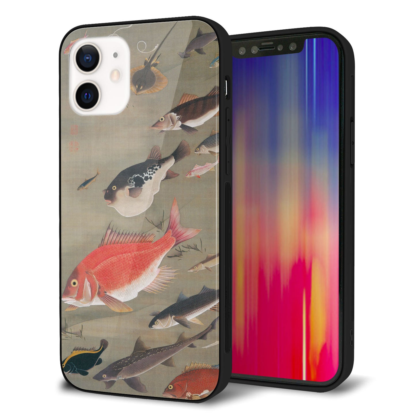 iPhone 12 強化ガラス＆TPUスマホケース ガラプリ【TA007 群魚】