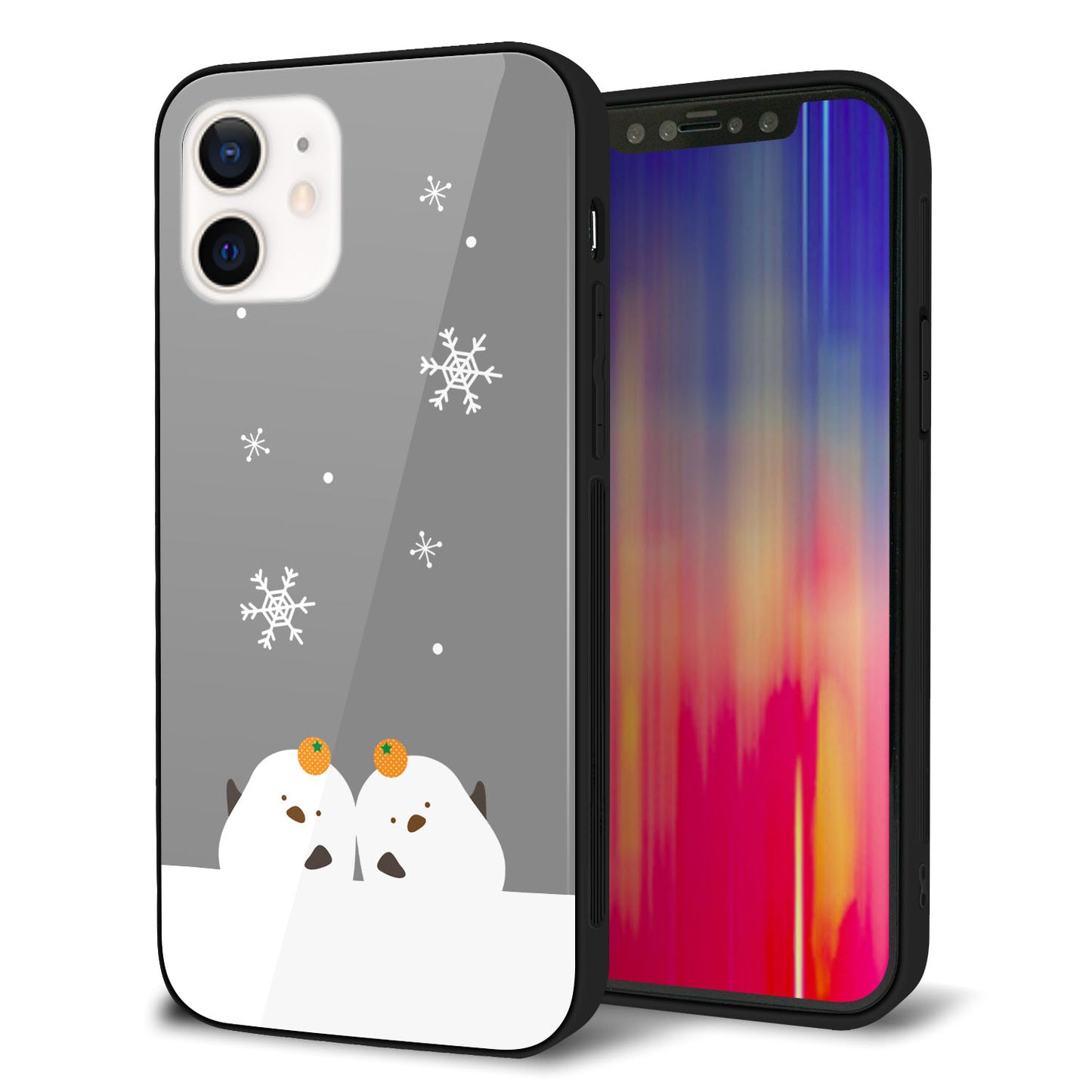 iPhone 12 強化ガラス＆TPUスマホケース ガラプリ【TA019 冬シマエナガ】