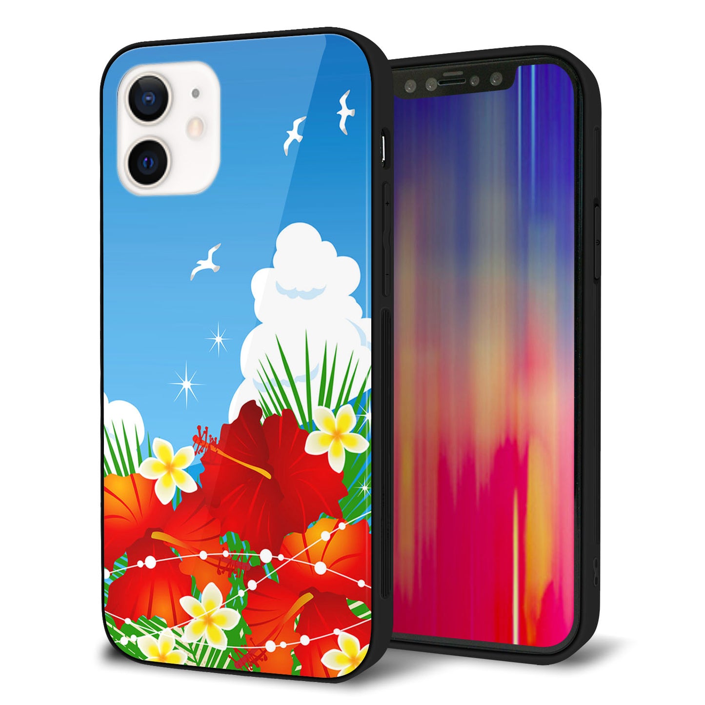 iPhone 12 強化ガラス＆TPUスマホケース ガラプリ【VA821 ハイビスカスと青空】
