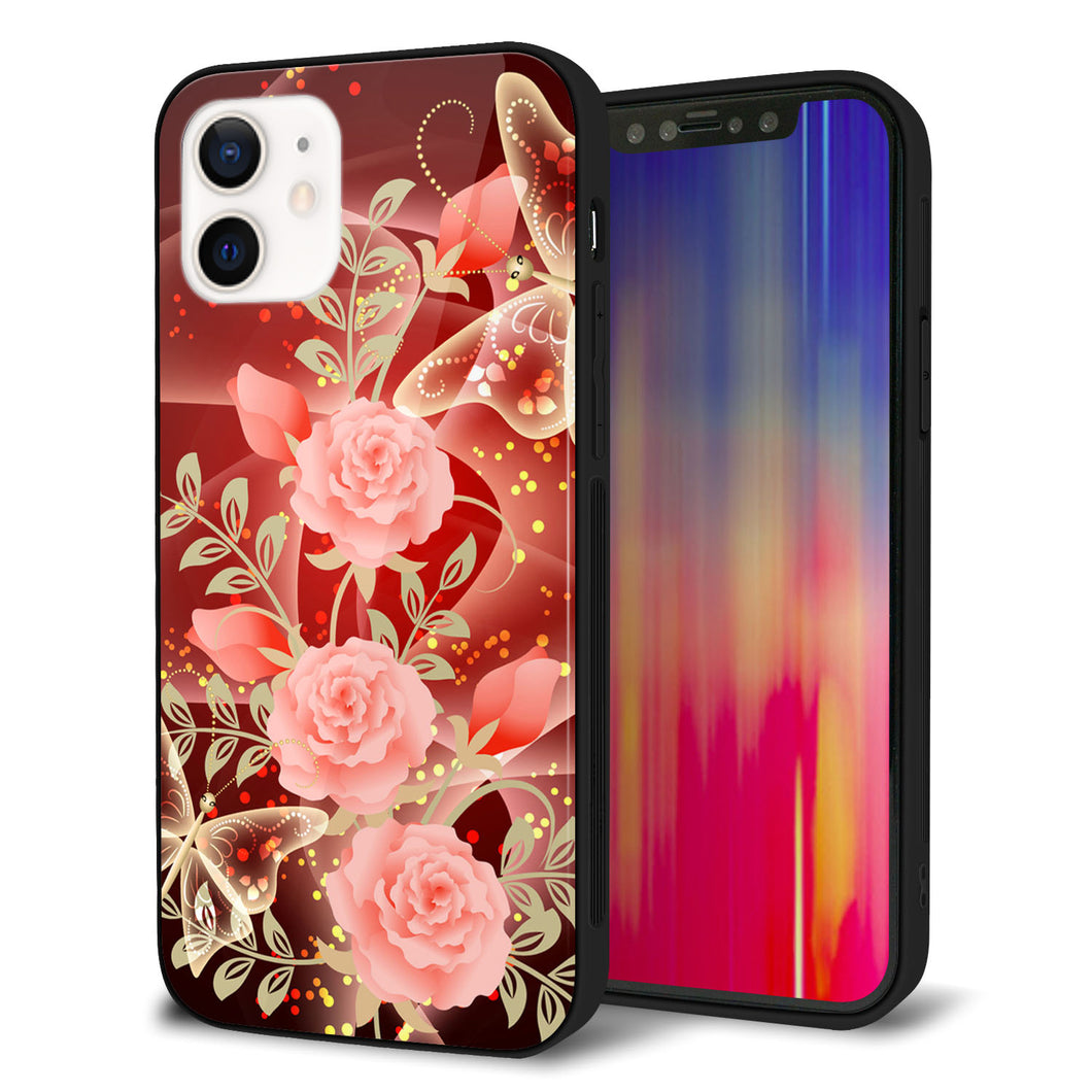 iPhone 12 強化ガラス＆TPUスマホケース ガラプリ【VA824 魅惑の蝶とピンクのバラ】
