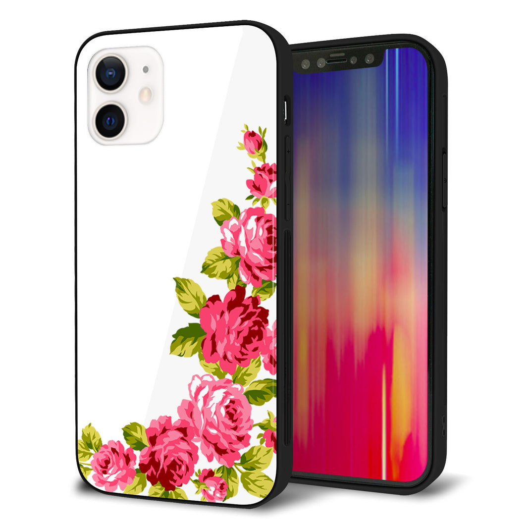iPhone 12 強化ガラス＆TPUスマホケース ガラプリ【VA825 バラのフレーム(白)】