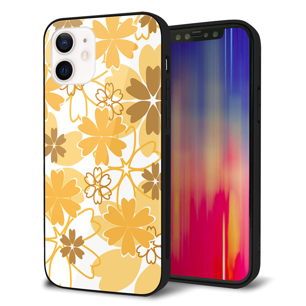 iPhone 12 強化ガラス＆TPUスマホケース ガラプリ【VA959 重なり合う花 オレンジ】