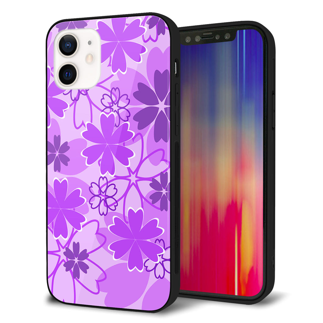 iPhone 12 強化ガラス＆TPUスマホケース ガラプリ【VA960 重なり合う花 パープル】