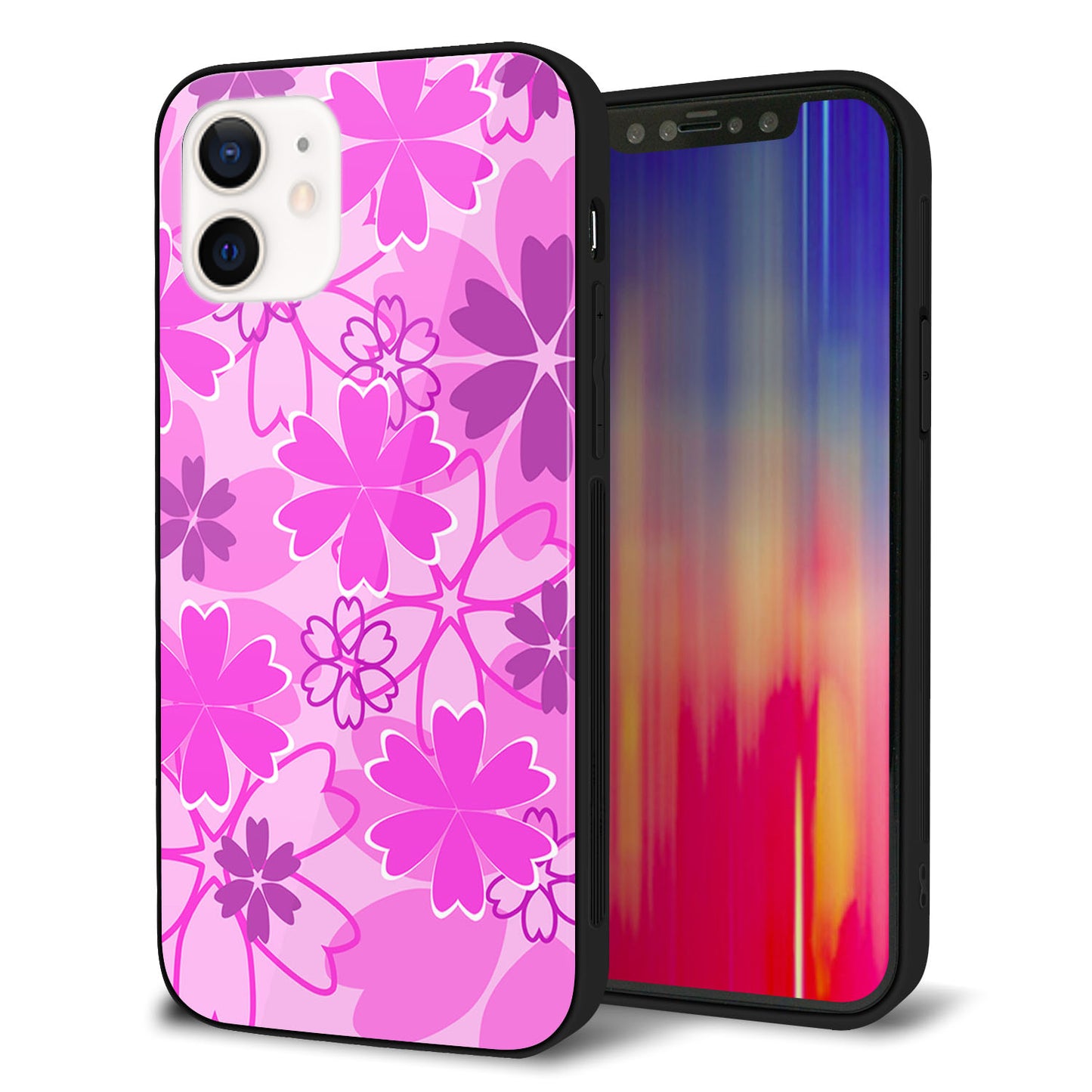 iPhone 12 強化ガラス＆TPUスマホケース ガラプリ【VA961 重なり合う花 ピンク】
