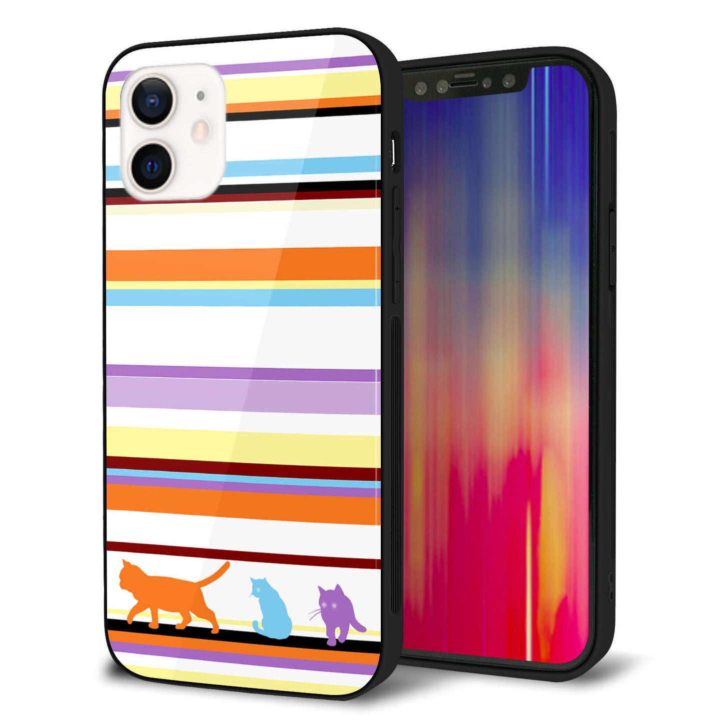iPhone 12 強化ガラス＆TPUスマホケース ガラプリ【YA887 ストライプネコ01】