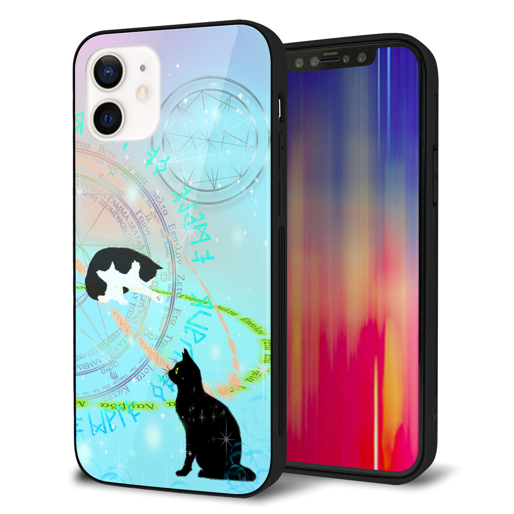 iPhone 12 強化ガラス＆TPUスマホケース ガラプリ【YJ329 魔法陣猫 キラキラ パステル】