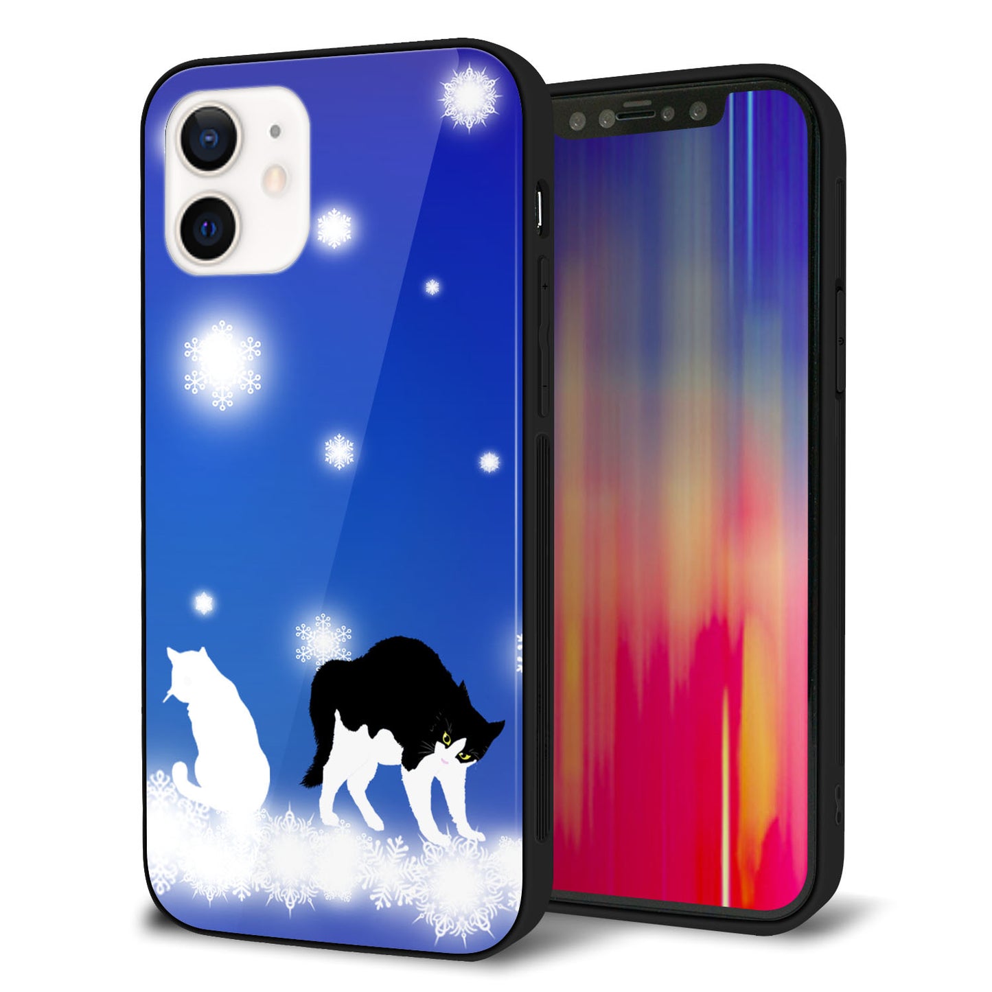 iPhone 12 強化ガラス＆TPUスマホケース ガラプリ【YJ335 雪の結晶 はちわれ】