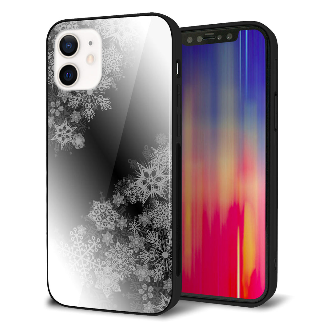iPhone 12 強化ガラス＆TPUスマホケース ガラプリ【YJ340 モノトーン 雪の結晶 】