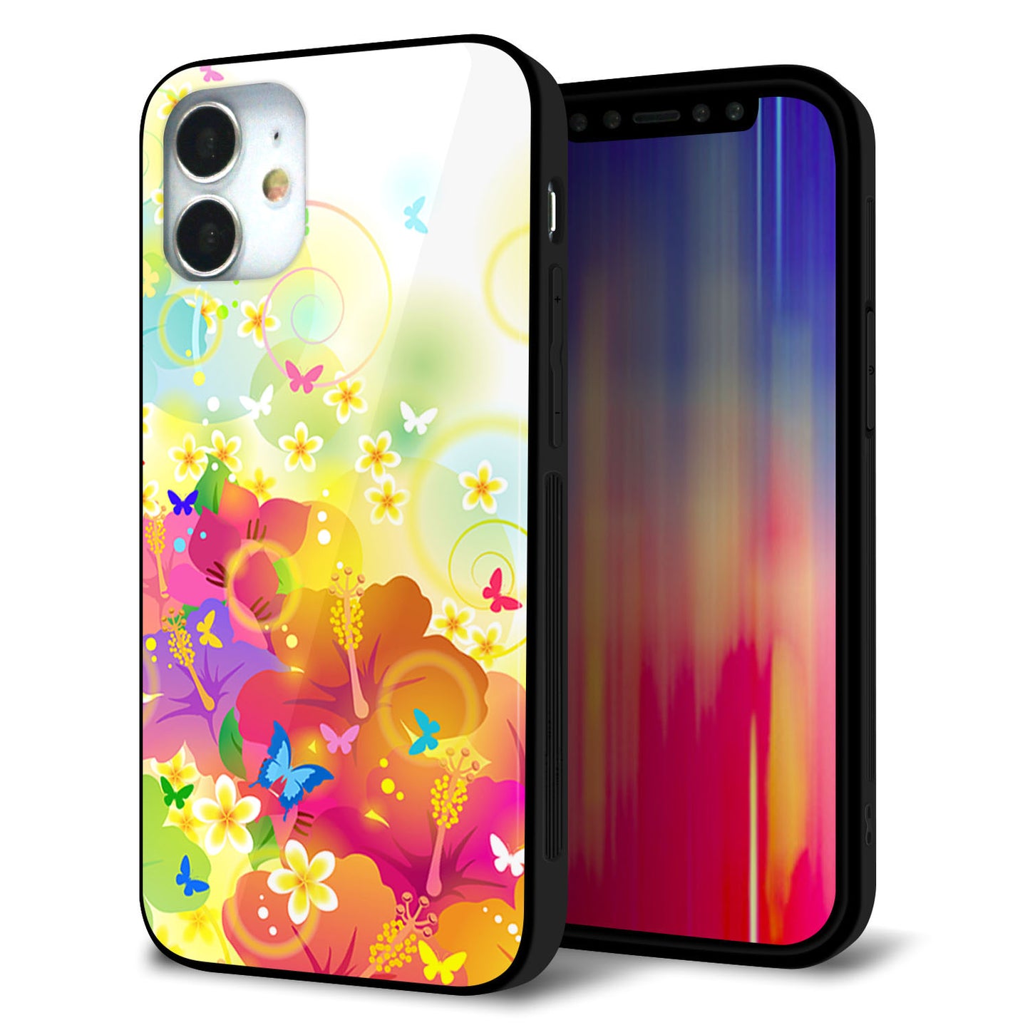 iPhone 12 mini 強化ガラス＆TPUスマホケース ガラプリ【647 ハイビスカスと蝶】