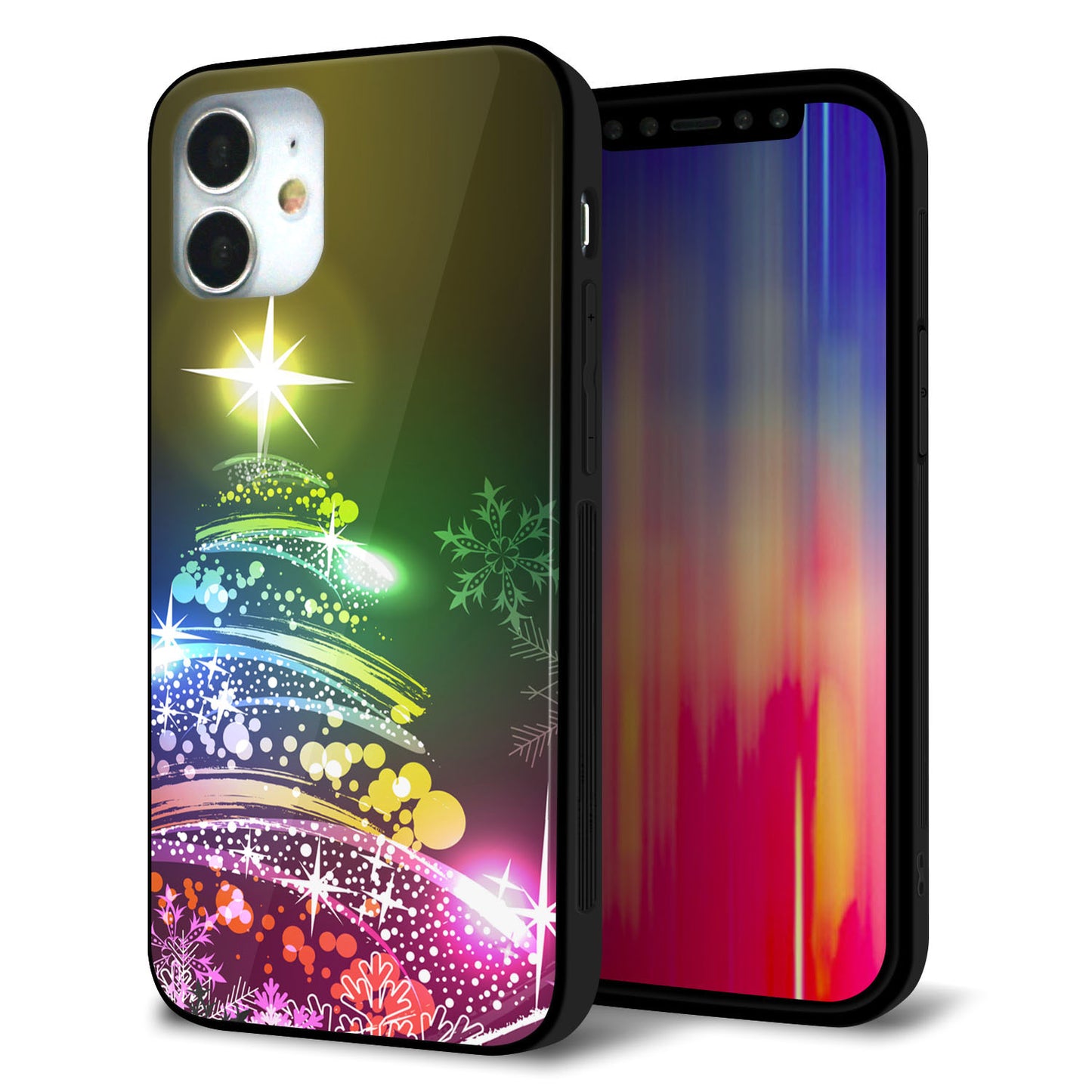 iPhone 12 mini 強化ガラス＆TPUスマホケース ガラプリ【722 レインボークリスマス】