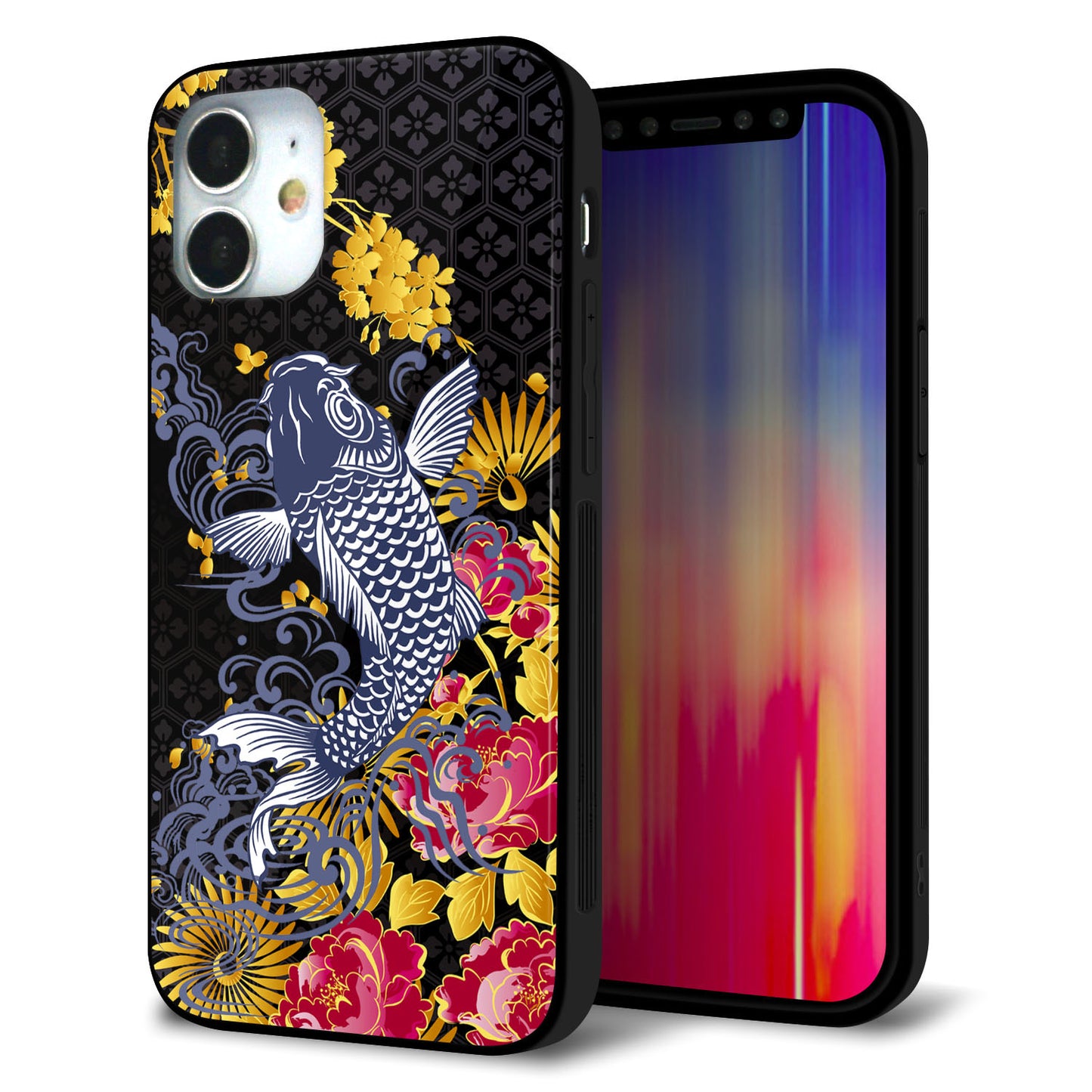 iPhone 12 mini 強化ガラス＆TPUスマホケース ガラプリ【1028 牡丹と鯉】