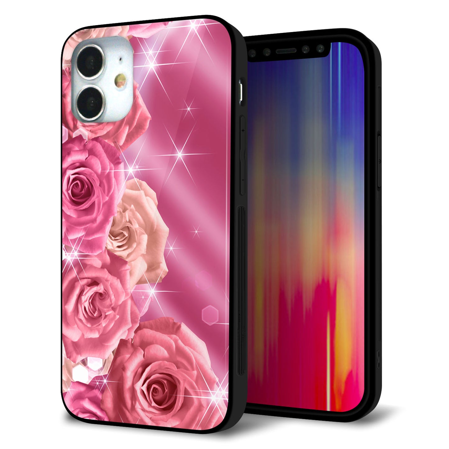 iPhone 12 mini 強化ガラス＆TPUスマホケース ガラプリ【1182 ピンクの薔薇に誘われて】