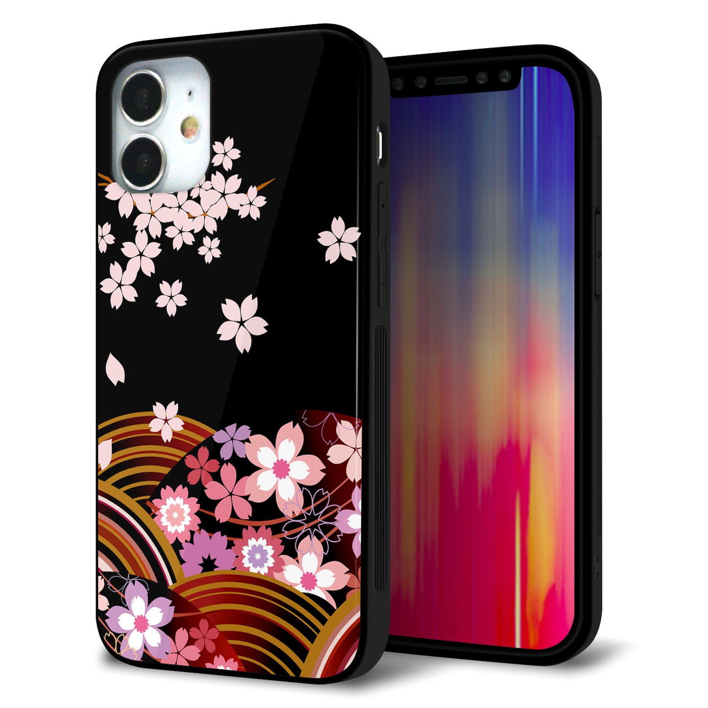 iPhone 12 mini 強化ガラス＆TPUスマホケース ガラプリ【1237 和柄＆筆文字・夜桜の宴】