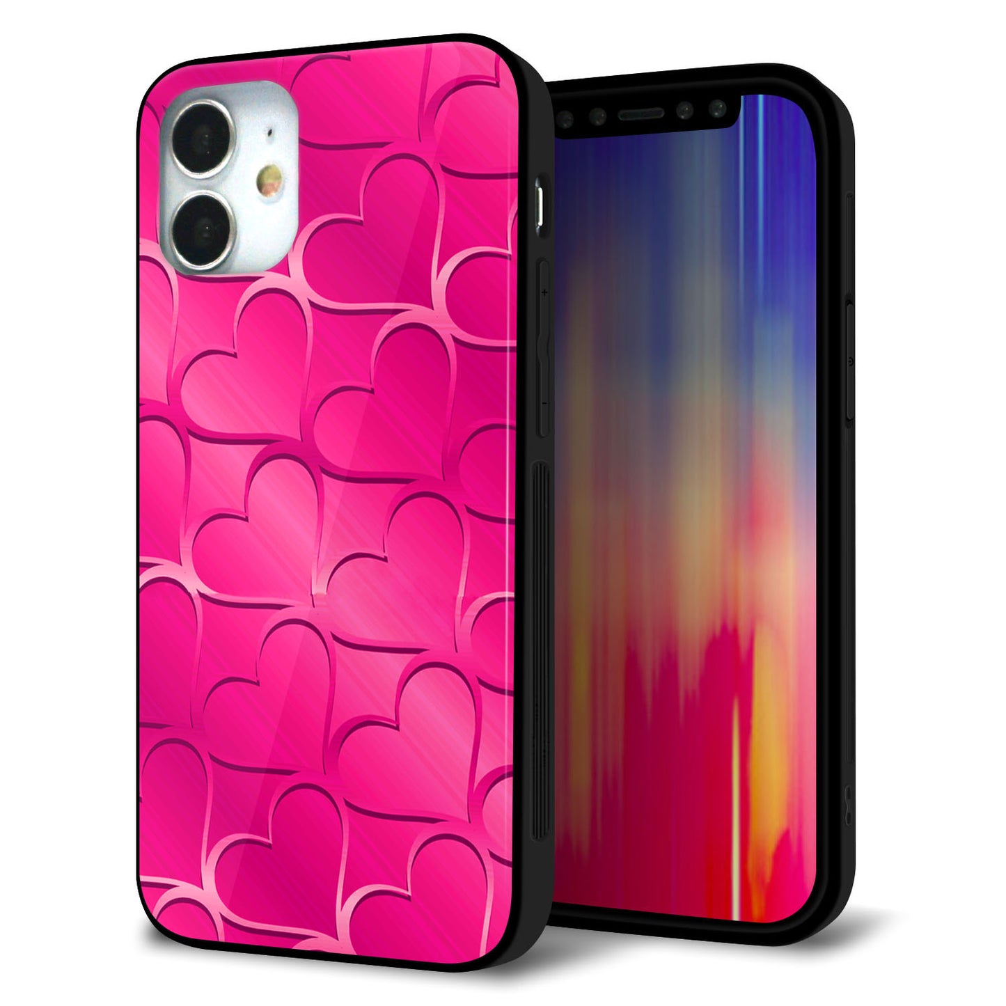 iPhone 12 mini 強化ガラス＆TPUスマホケース ガラプリ【1347 かくれハート（ショッキングピンク）】