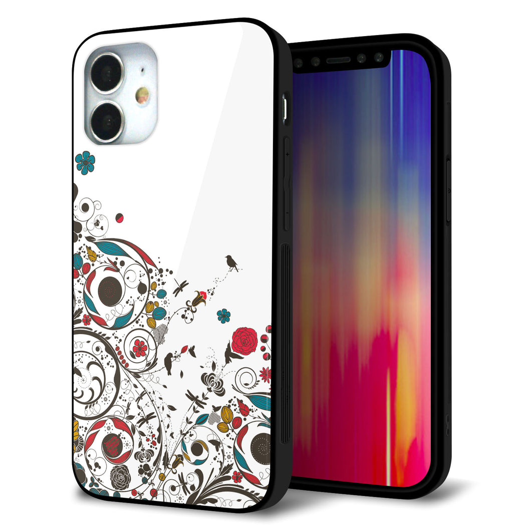 iPhone 12 mini 強化ガラス＆TPUスマホケース ガラプリ【EK908 カラフルな花と鳥】