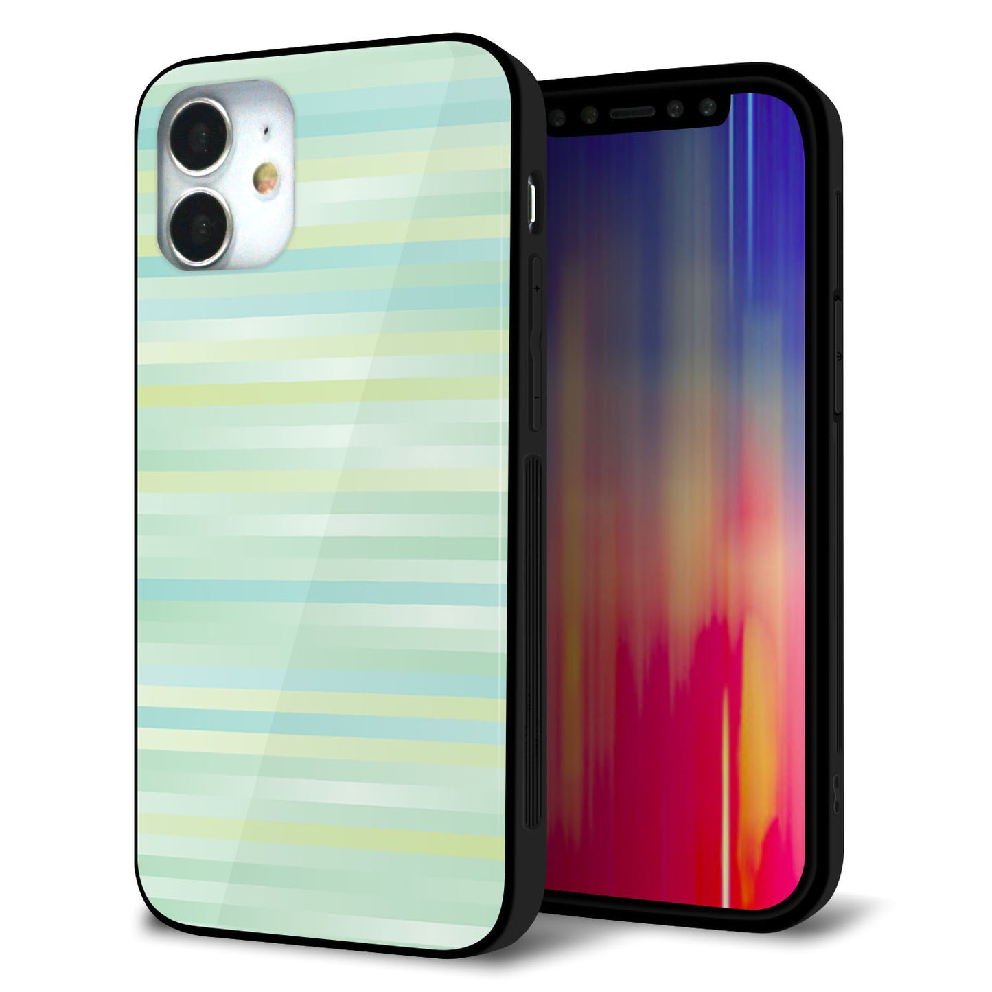 iPhone 12 mini 強化ガラス＆TPUスマホケース ガラプリ【IB908 グラデーションボーダー_グリーン】