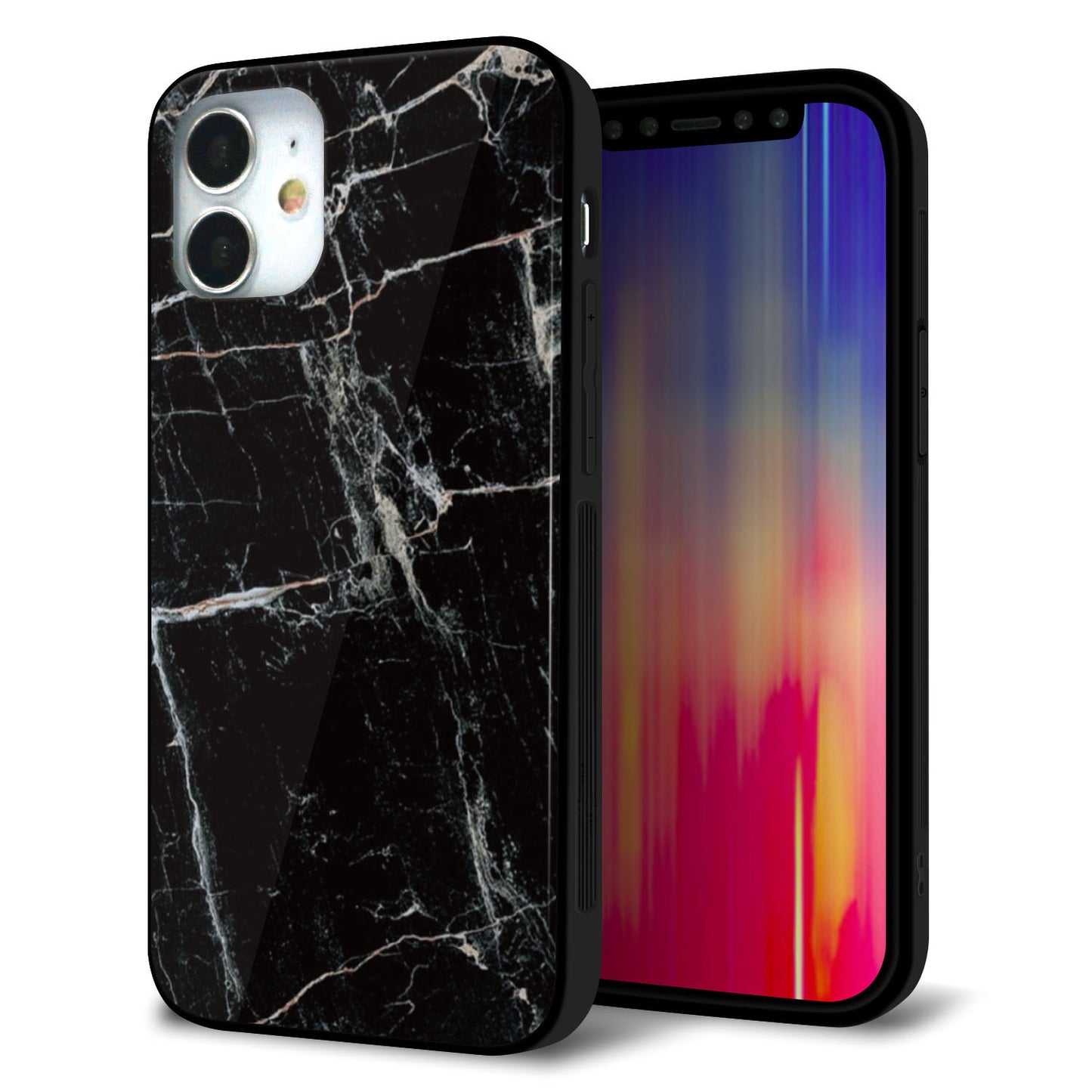 iPhone 12 mini 強化ガラス＆TPUスマホケース ガラプリ【KM867 大理石BK】