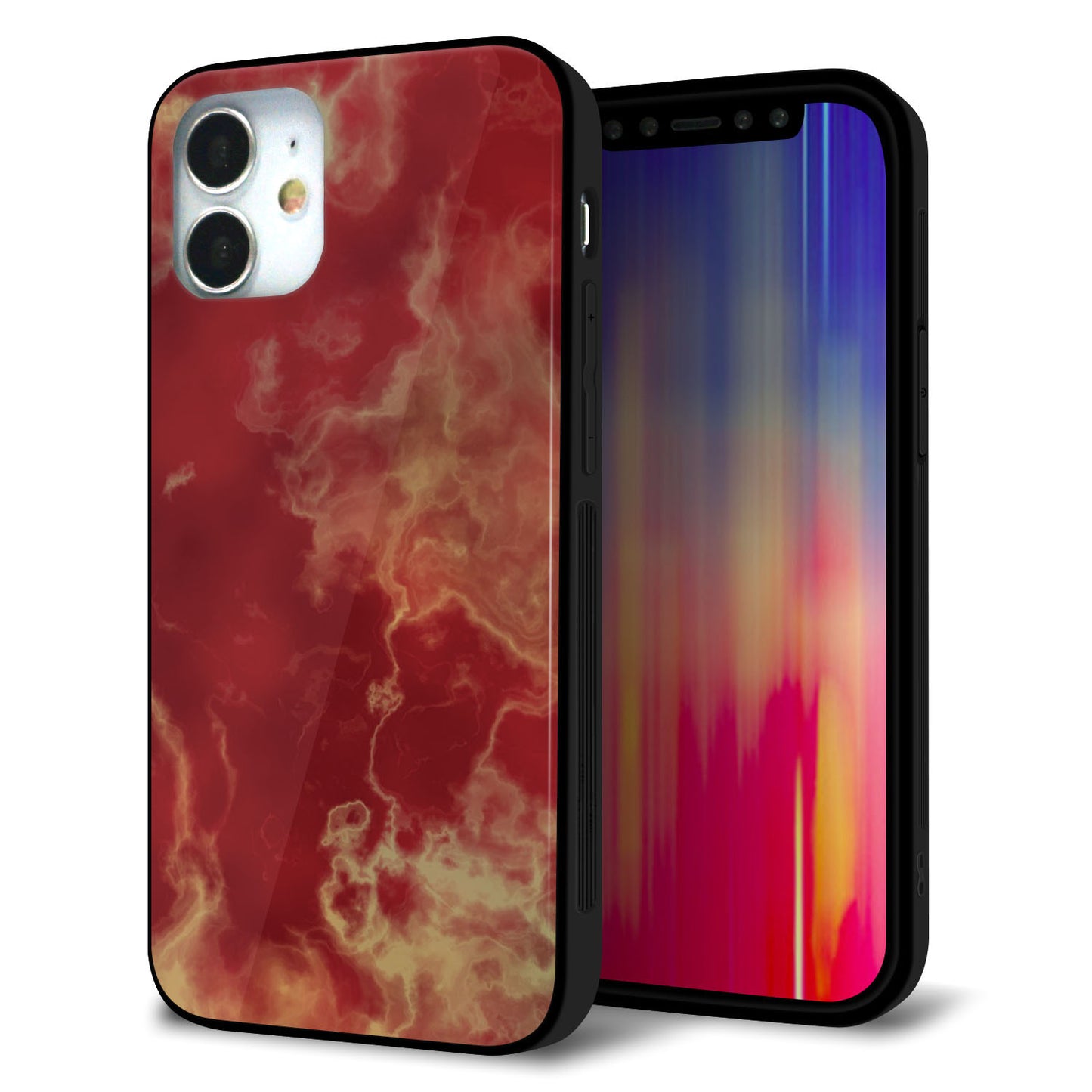 iPhone 12 mini 強化ガラス＆TPUスマホケース ガラプリ【KM870 大理石RD】