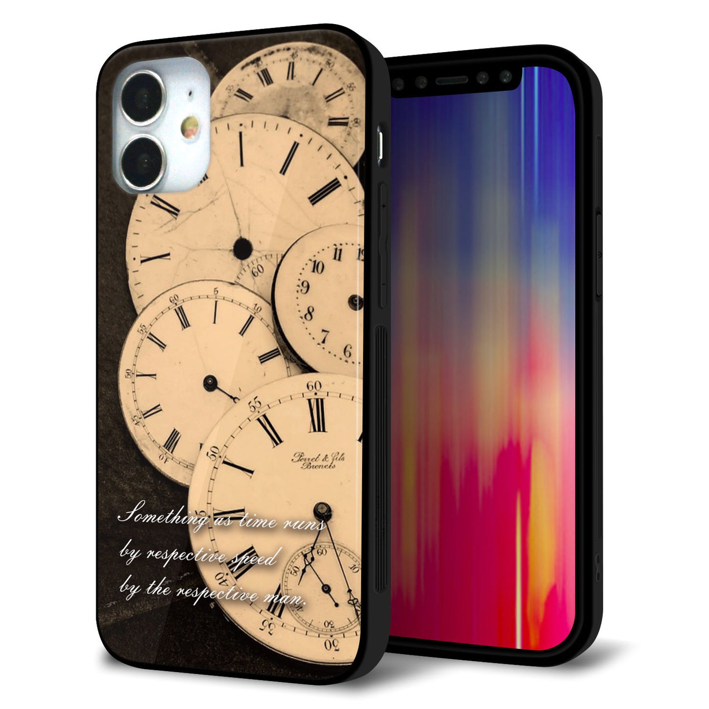 iPhone 12 mini 強化ガラス＆TPUスマホケース ガラプリ【KM874 時計】