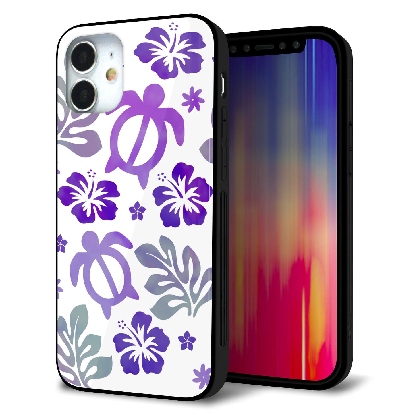 iPhone 12 mini 強化ガラス＆TPUスマホケース ガラプリ【SC878 ハワイアンアロハホヌ（パープル）】