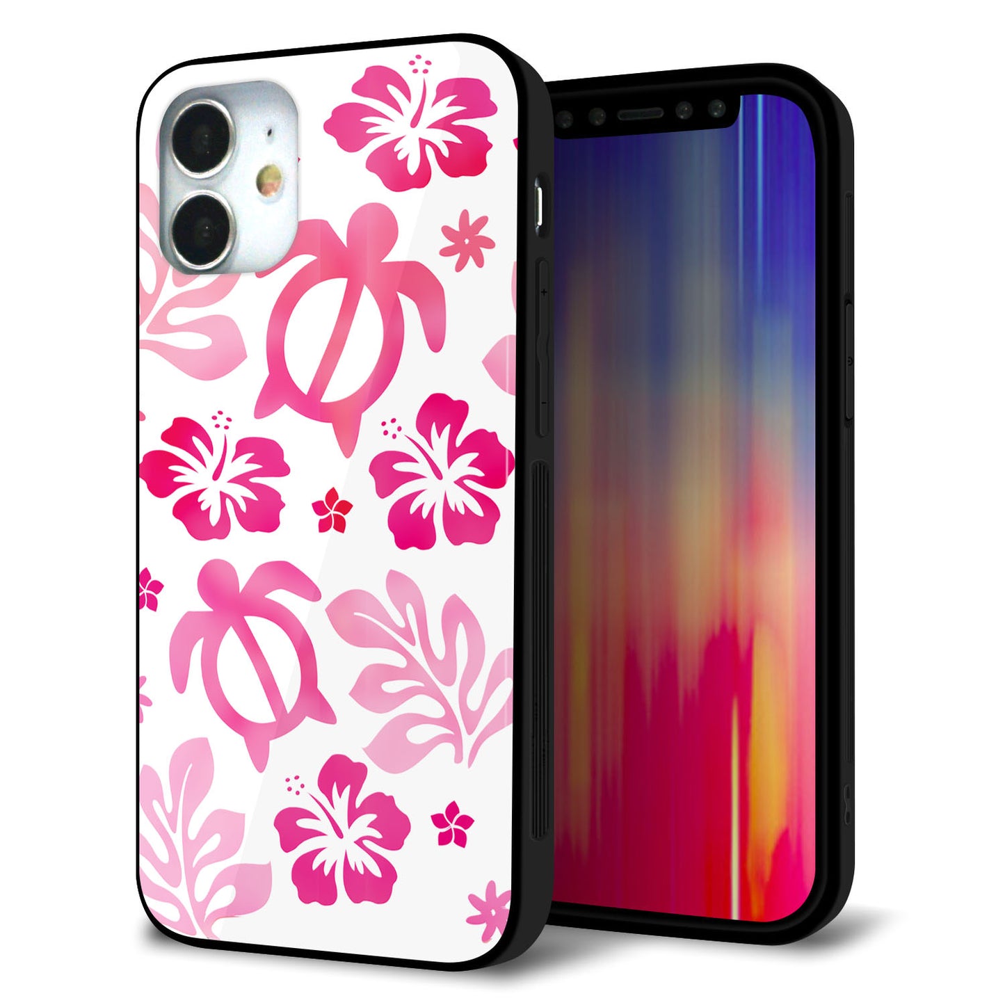 iPhone 12 mini 強化ガラス＆TPUスマホケース ガラプリ【SC879 ハワイアンアロハホヌ（ピンク）】