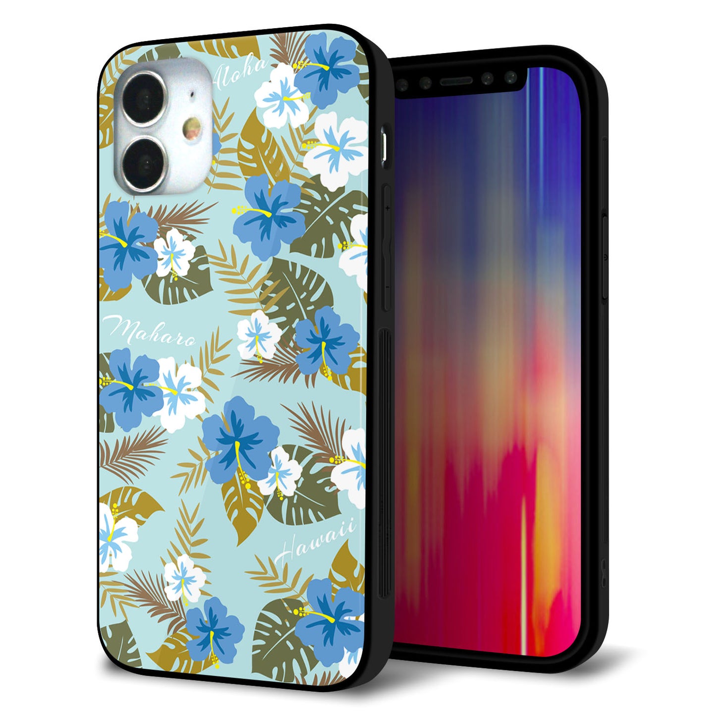 iPhone 12 mini 強化ガラス＆TPUスマホケース ガラプリ【SC883 ハワイアンアロハレトロ（ブルー）】