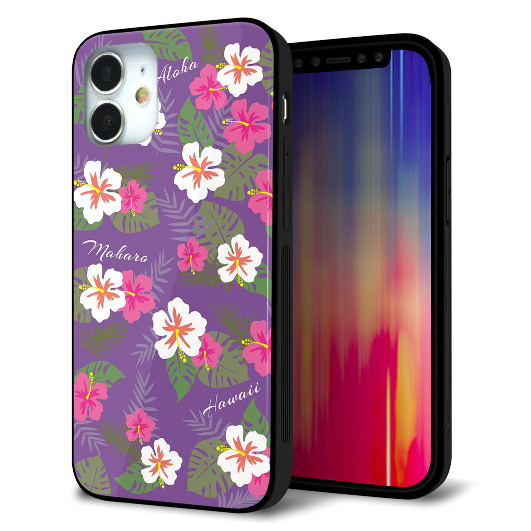 iPhone 12 mini 強化ガラス＆TPUスマホケース ガラプリ【SC886 ハワイアンアロハレトロ（パープル）】