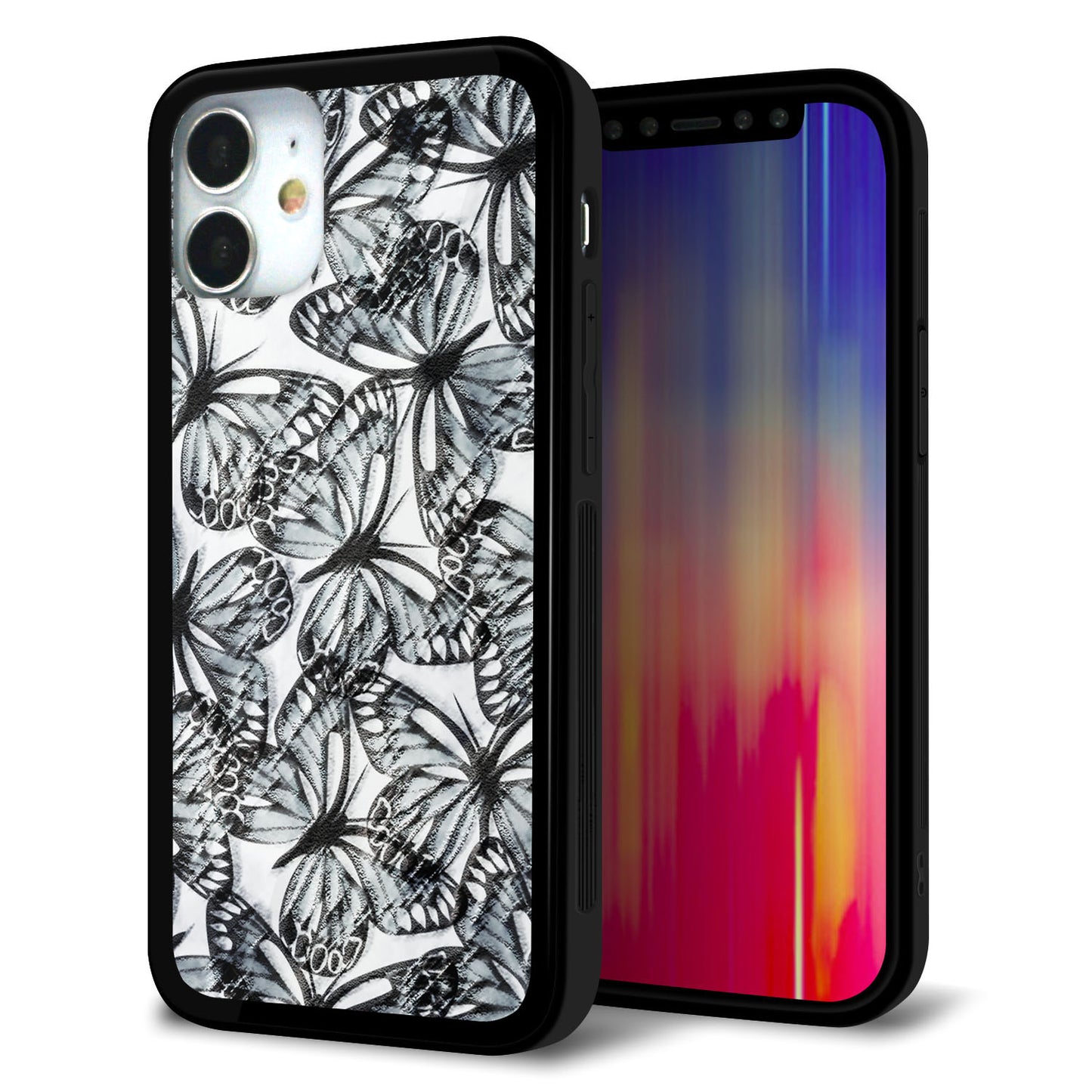 iPhone 12 mini 強化ガラス＆TPUスマホケース ガラプリ【SC905 ガーデンバタフライ ブラック】