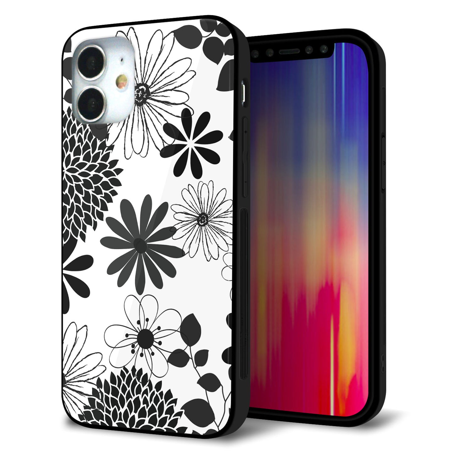 iPhone 12 mini 強化ガラス＆TPUスマホケース ガラプリ【SC912 花柄モノトーン 01】