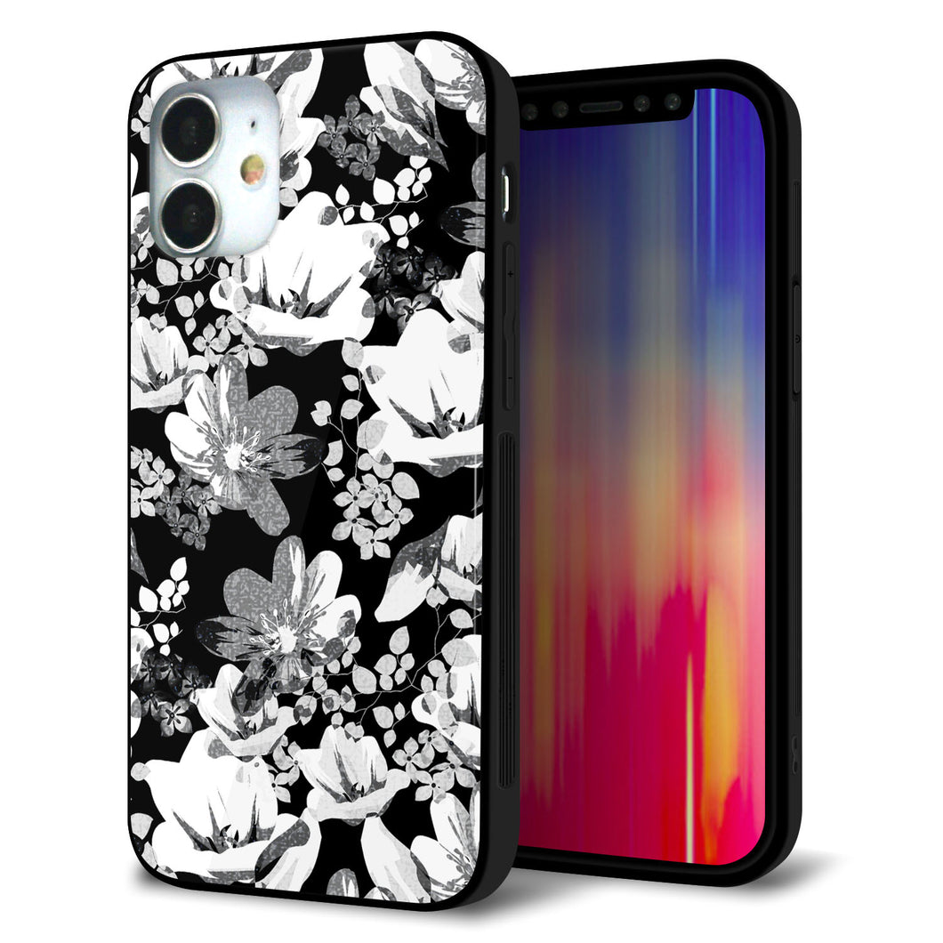 iPhone 12 mini 強化ガラス＆TPUスマホケース ガラプリ【SC913 花柄モノトーン 02】