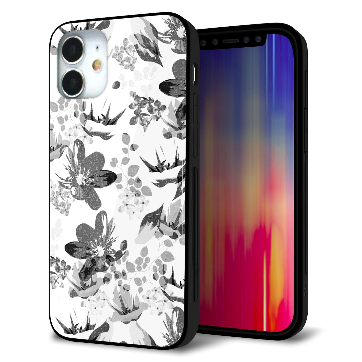 iPhone 12 mini 強化ガラス＆TPUスマホケース ガラプリ【SC914 花柄モノトーン 03】