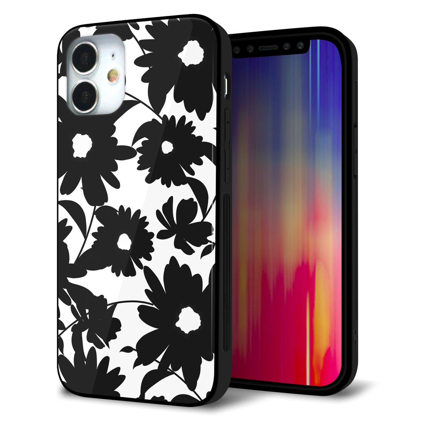 iPhone 12 mini 強化ガラス＆TPUスマホケース ガラプリ【SC916 花柄モノトーン 05】