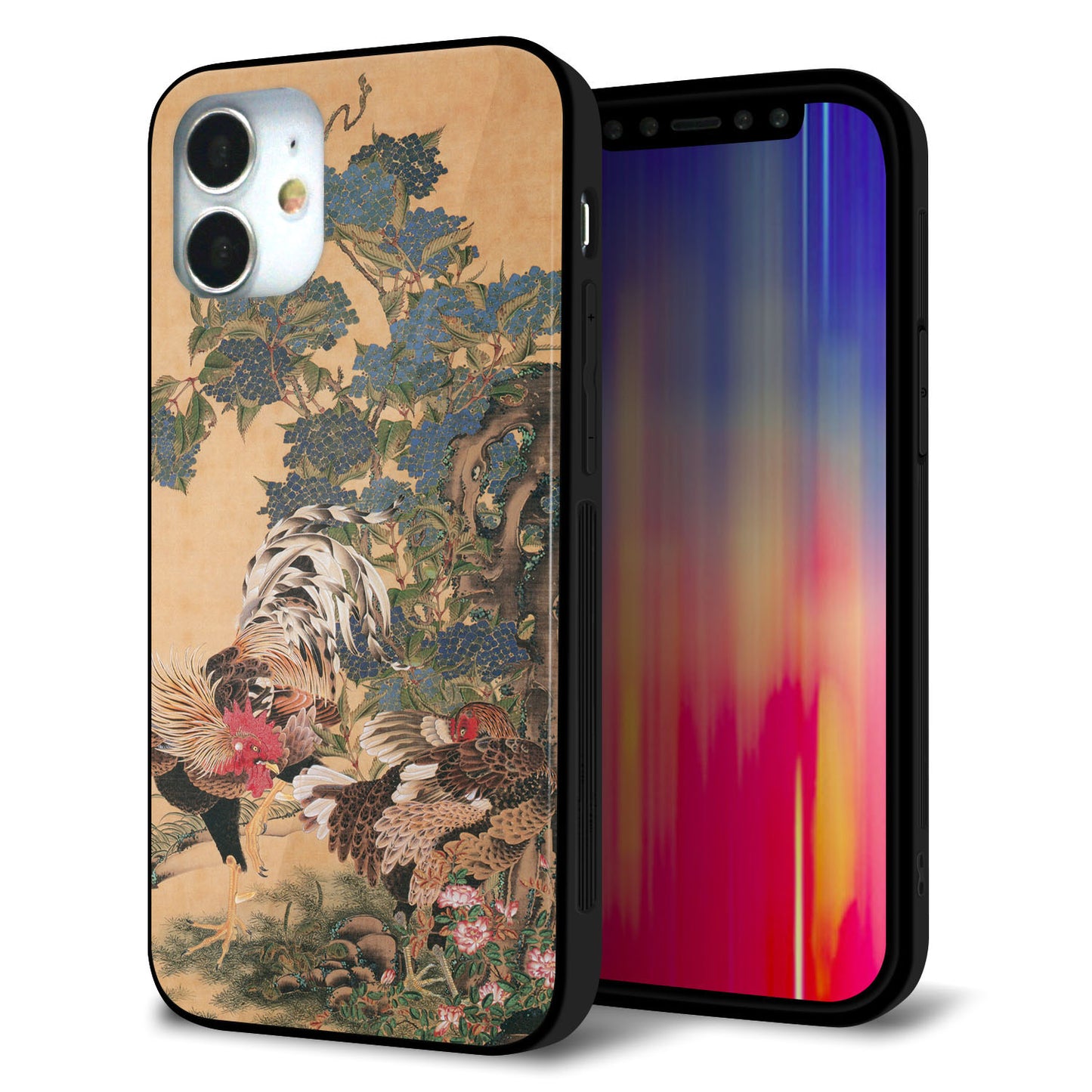 iPhone 12 mini 強化ガラス＆TPUスマホケース ガラプリ【TA006 紫陽花双鶏】