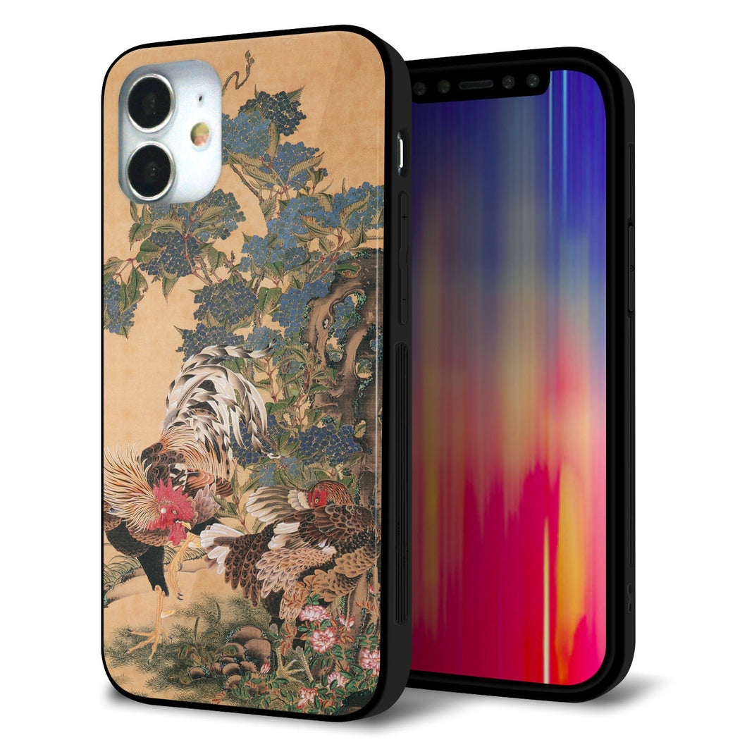 iPhone 12 mini 強化ガラス＆TPUスマホケース ガラプリ【TA006 紫陽花双鶏】