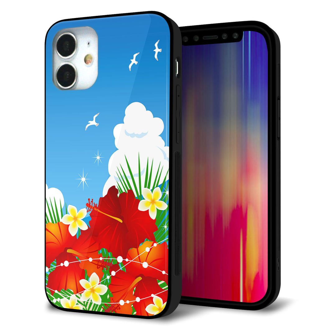 iPhone 12 mini 強化ガラス＆TPUスマホケース ガラプリ【VA821 ハイビスカスと青空】