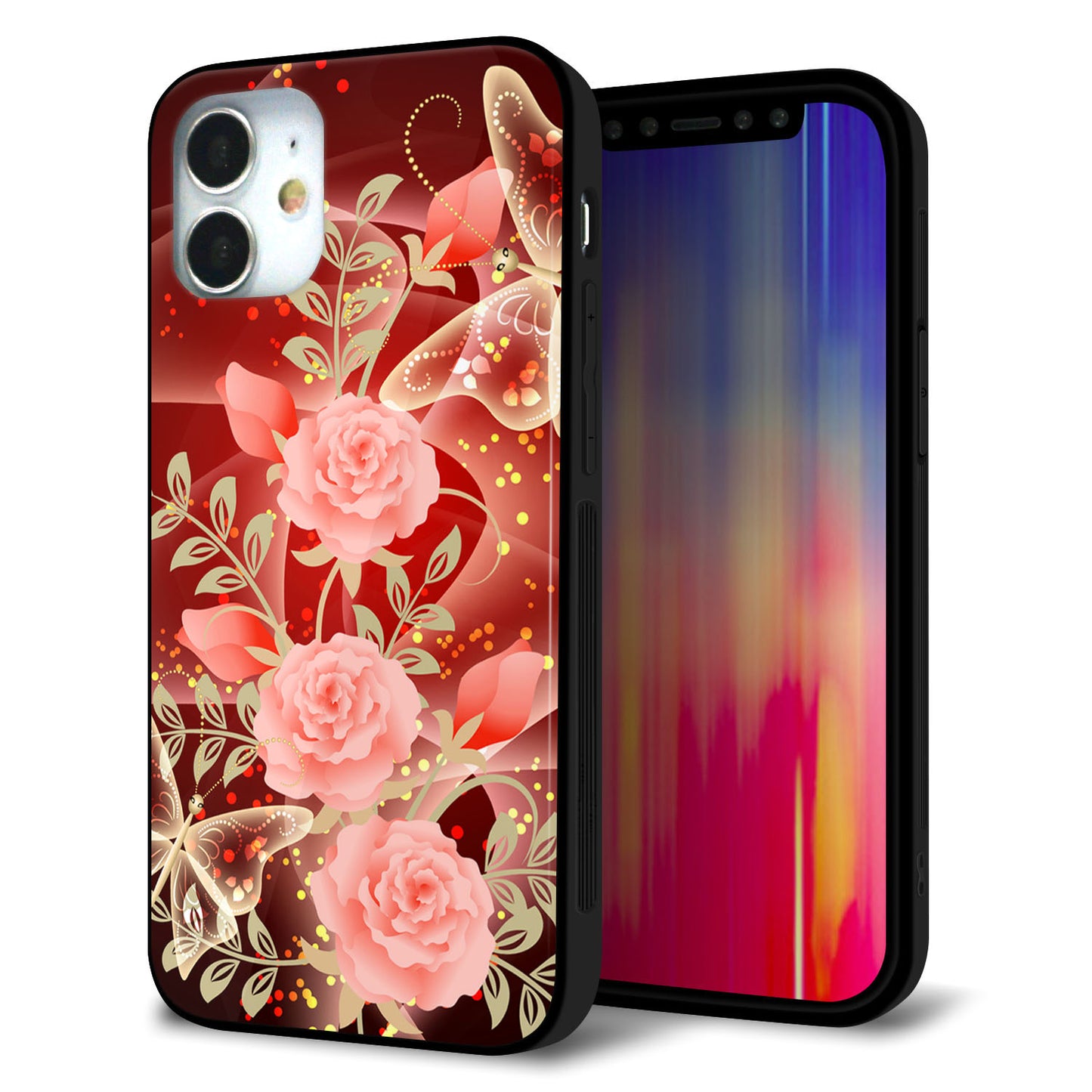 iPhone 12 mini 強化ガラス＆TPUスマホケース ガラプリ【VA824 魅惑の蝶とピンクのバラ】