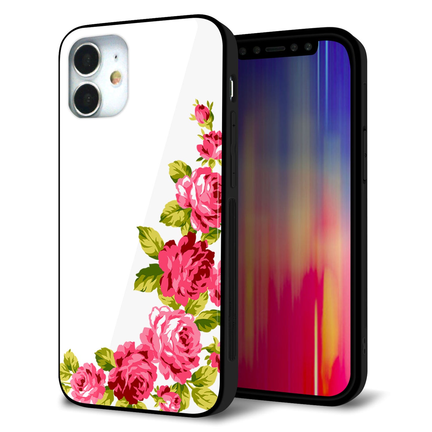 iPhone 12 mini 強化ガラス＆TPUスマホケース ガラプリ【VA825 バラのフレーム(白)】