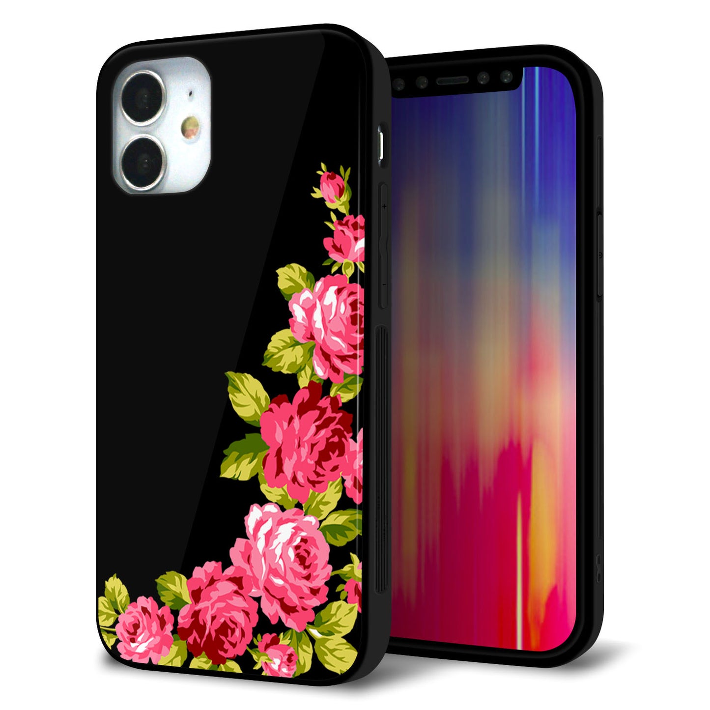 iPhone 12 mini 強化ガラス＆TPUスマホケース ガラプリ【VA826 バラのフレーム(黒)】