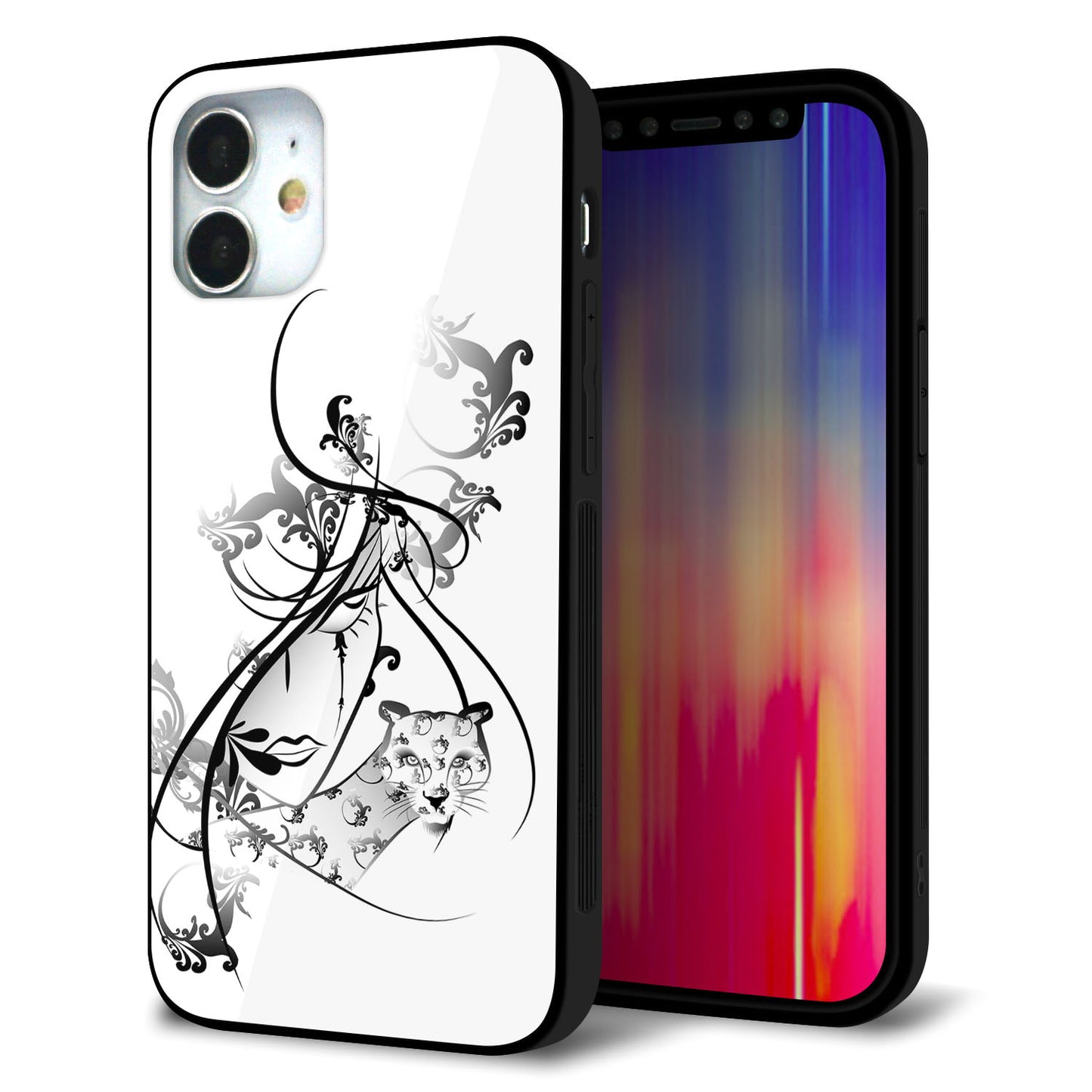 iPhone 12 mini 強化ガラス＆TPUスマホケース ガラプリ【VA832 パンサーと美女】