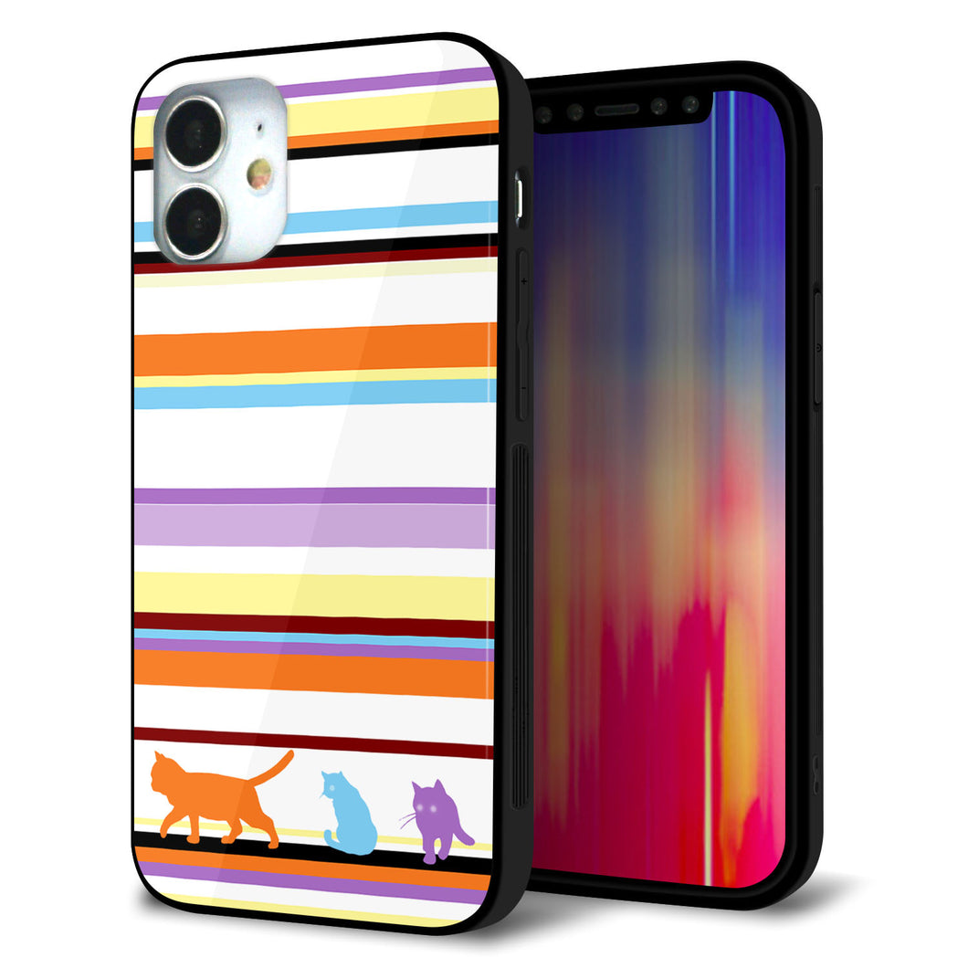 iPhone 12 mini 強化ガラス＆TPUスマホケース ガラプリ【YA887 ストライプネコ01】