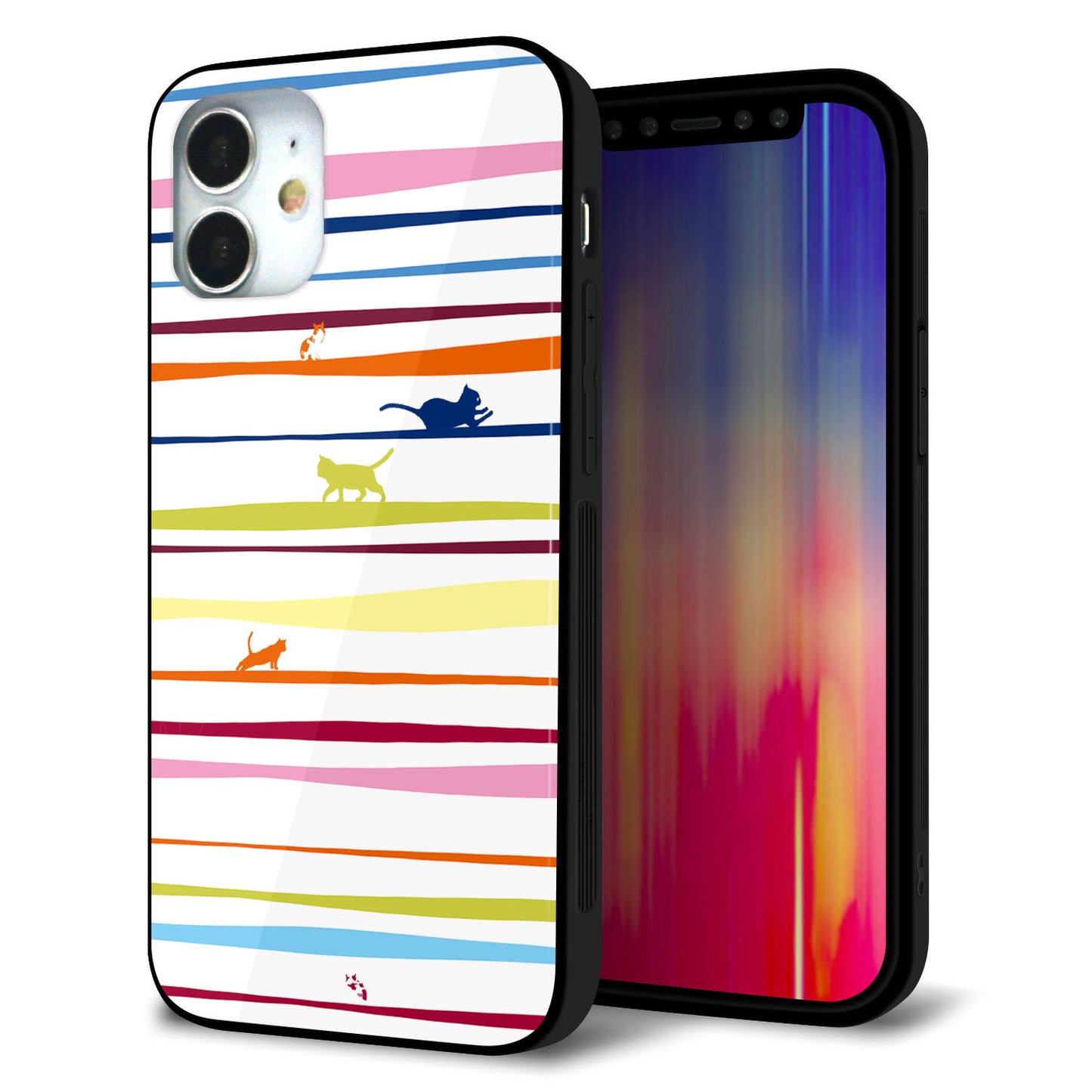 iPhone 12 mini 強化ガラス＆TPUスマホケース ガラプリ【YA893 ストライプネコ02 L】