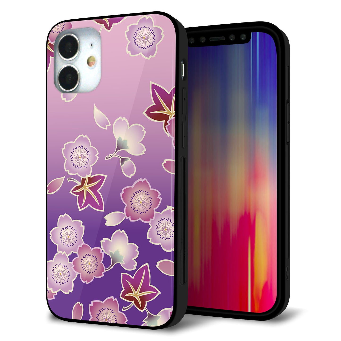 iPhone 12 mini 強化ガラス＆TPUスマホケース ガラプリ【YJ324 和柄 桜 もみじ】
