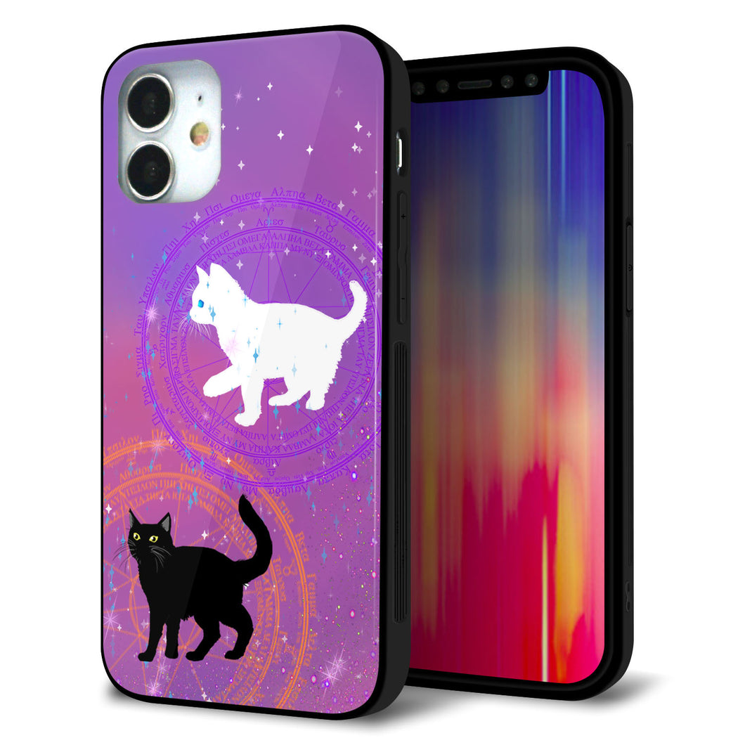 iPhone 12 mini 強化ガラス＆TPUスマホケース ガラプリ【YJ328 魔法陣猫 キラキラ かわいい ピンク】