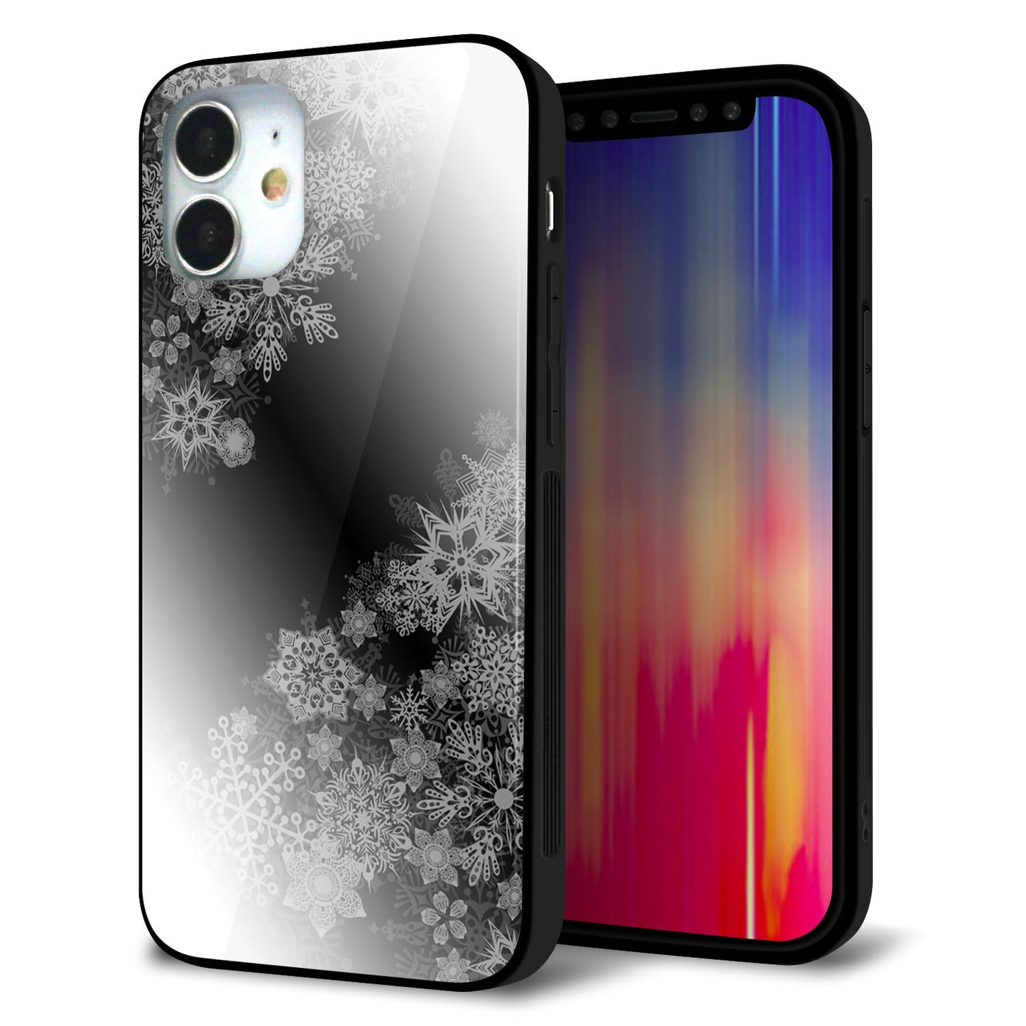 iPhone 12 mini 強化ガラス＆TPUスマホケース ガラプリ【YJ340 モノトーン 雪の結晶 】