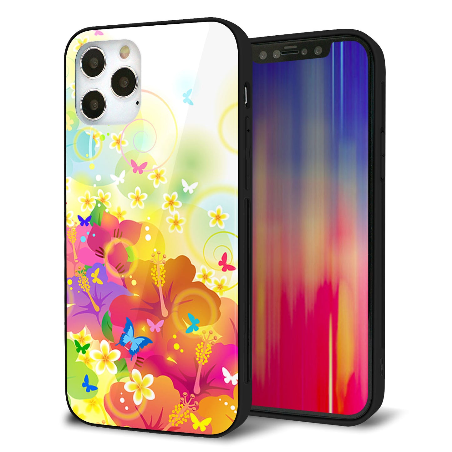 iPhone 12 Pro 強化ガラス＆TPUスマホケース ガラプリ【647 ハイビスカスと蝶】