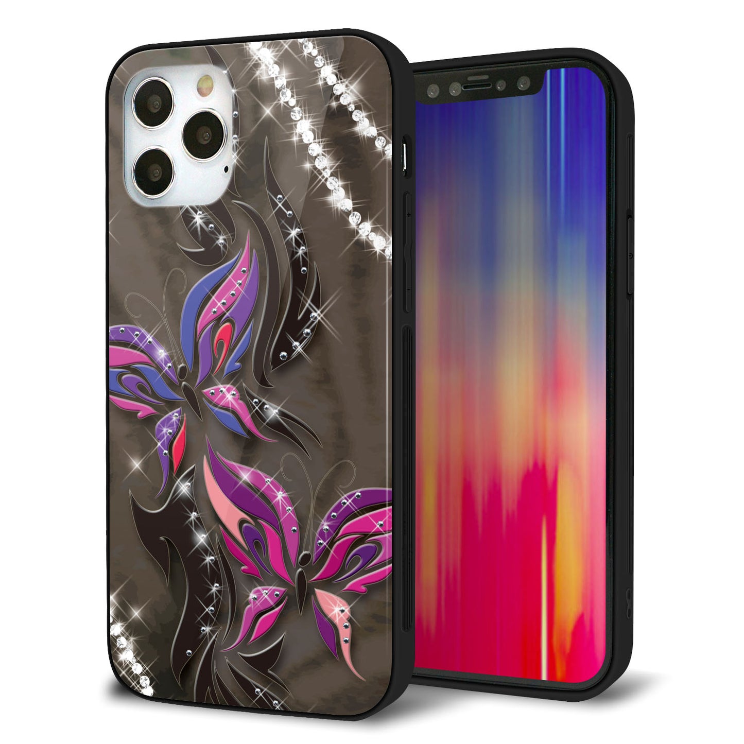 iPhone 12 Pro 強化ガラス＆TPUスマホケース ガラプリ【1164 キラめくストーンと蝶】