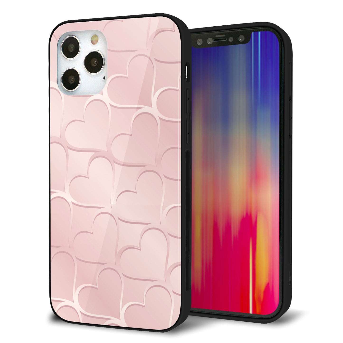 iPhone 12 Pro 強化ガラス＆TPUスマホケース ガラプリ【1340 かくれハート（桜色）】