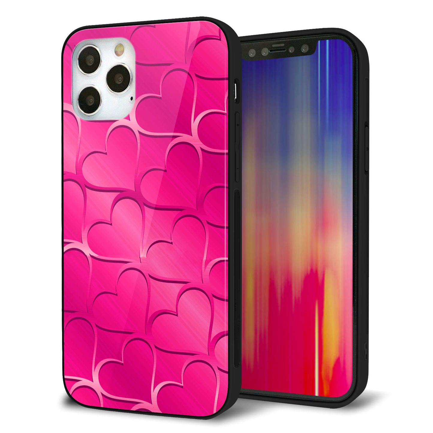iPhone 12 Pro 強化ガラス＆TPUスマホケース ガラプリ【1347 かくれハート（ショッキングピンク）】