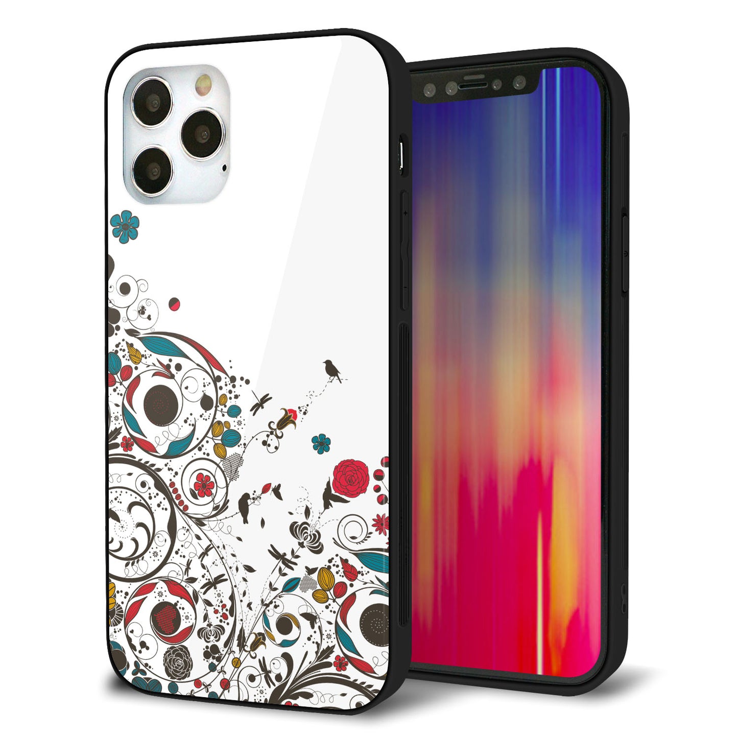 iPhone 12 Pro 強化ガラス＆TPUスマホケース ガラプリ【EK908 カラフルな花と鳥】